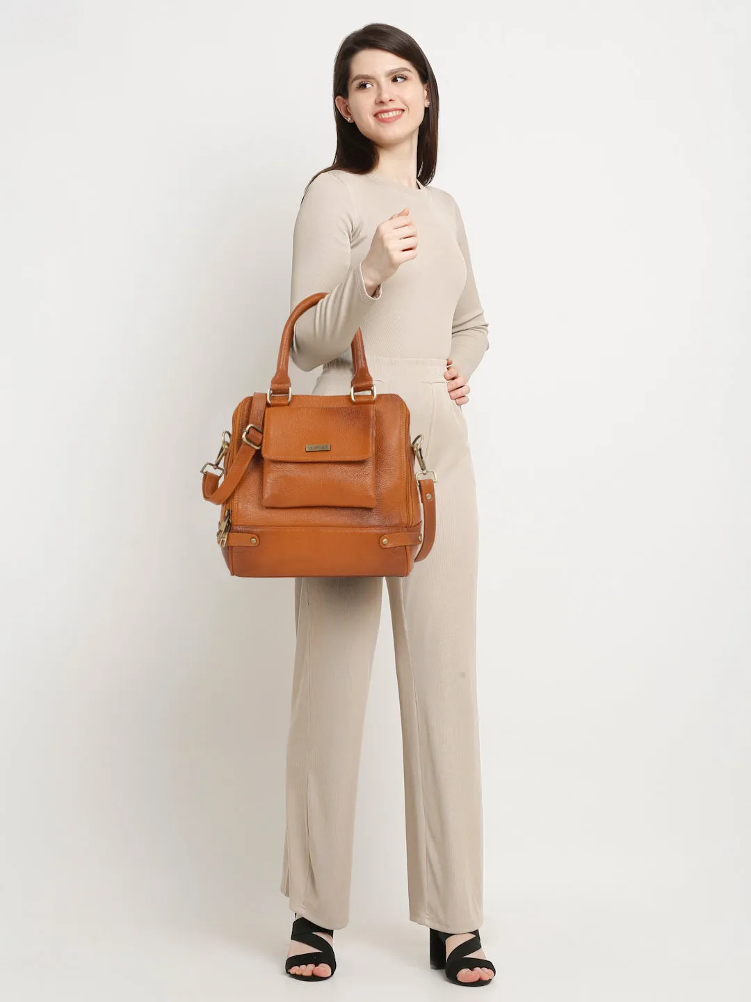 Women Leather Tan Structured Handheld Bag
